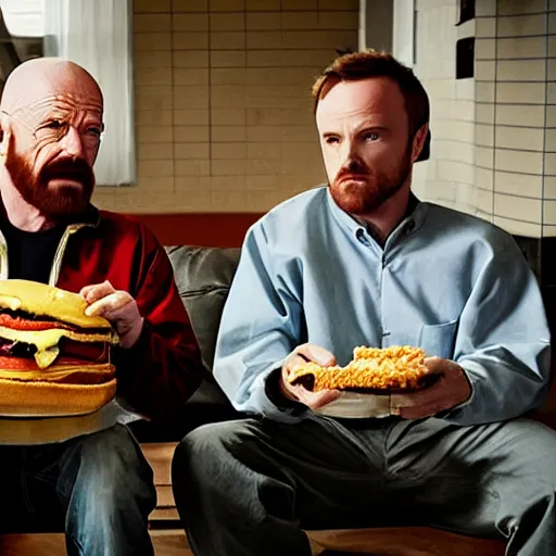 Image similar to walter white and jesse pinkman eating hamburger