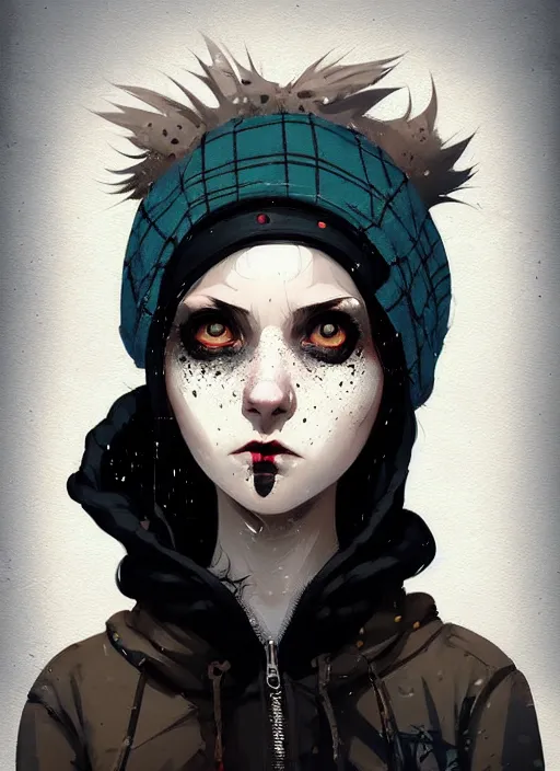 Prompt: highly detailed closeup portrait of a sewer punk lady student, beanie, tartan hoodie, white hair by atey ghailan, by greg rutkowski, by greg tocchini, by james gilleard, by joe fenton, by kaethe butcher, gradient, blue, black, brown and cream color scheme, grunge aesthetic!!! white graffiti tag wall background