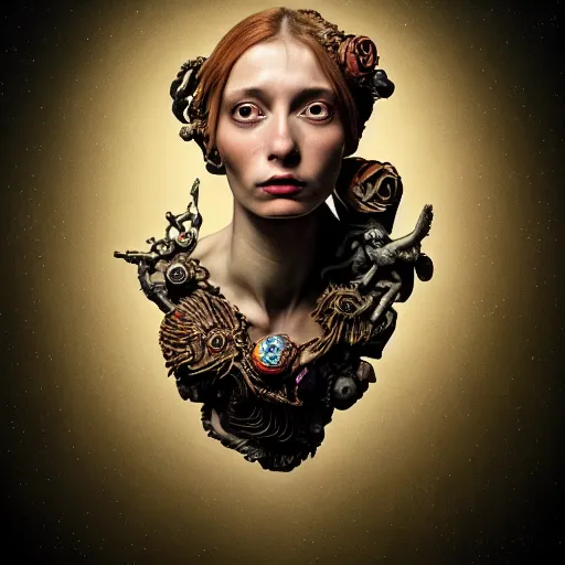 Prompt: Colour Caravaggio style Photography of Beautiful woman with highly detailed 1000 years old face wearing highly detailed sci-fi Necklace designed by Josan Gonzalez. Many details . In style of Josan Gonzalez and Mike Winkelmann and andgreg rutkowski and alphonse muchaand and Caspar David Friedrich and Stephen Hickman and James Gurney and Hiromasa Ogura. Rendered in Blender and Octane Render volumetric natural light