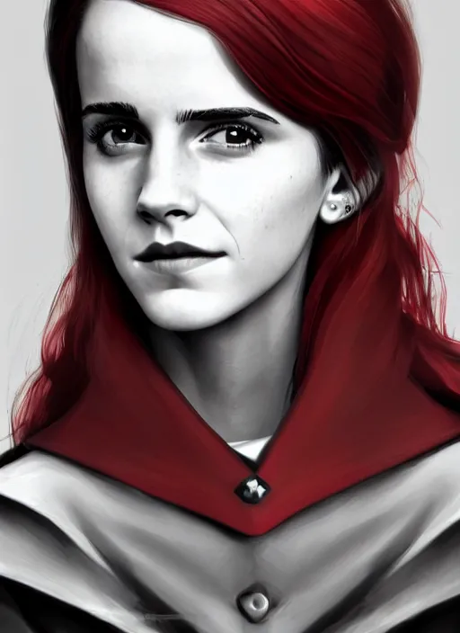 Image similar to a highly detailed illustration of emma watson as a long dark red haired wearing wine red epaulette uniform and coat cape, dramatic smiling pose, perfect face, intricate, elegant, highly detailed, centered, digital painting, artstation, concept art, smooth, sharp focus, league of legends concept art, wlop