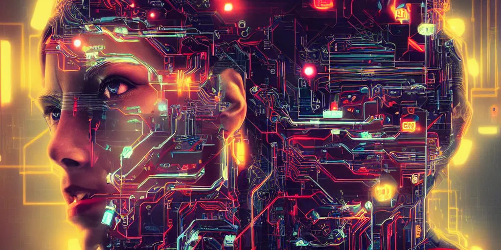 Prompt: portrait of computer & circuits, 8 k, by tristan eaton, trending on deviantart, face enhance, hyper detailed, minimalist, cybernetic, android, blade runner, full of colour, super detailed, cinematic, unreal engine, octane render
