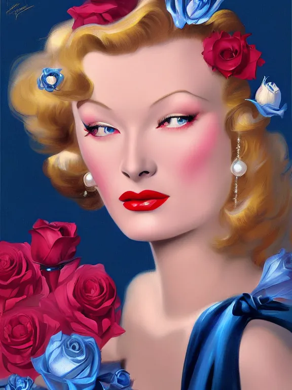 Image similar to beautiful digital painting Veronica Lake and blue roses and pearls, by Rolf Armstrong, artstation, Behance, 4K