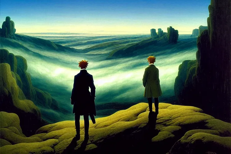 Image similar to anime key visual of wanderer above the sea of fog by caspar david friedrich 1 8 1 8, in the style of jamie wyeth james gilleard edward hopper greg rutkowski acrylic painting, oil on canvas, preserved museum piece, historical