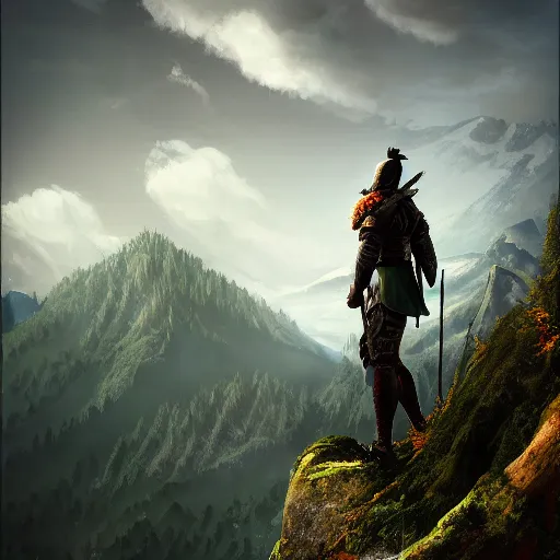 Image similar to a warrior standing on a cliff looking down to the beautiful sight of forest, trending on artstation, realistic, sharp, bold