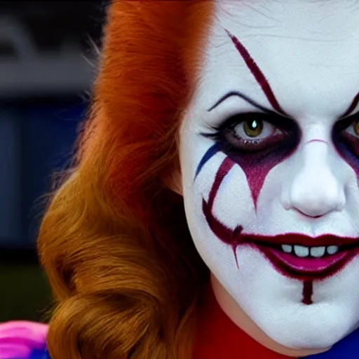 Prompt: still of Anna Kendrick as Evil Clown in IT remake 2029