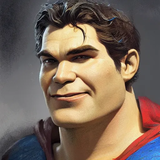 Image similar to portrait of a shrek as superman by greg rutkowski, highly detailed portrait, digital painting, artstation, concept art, smooth, sharp foccus ilustration, artstation hq