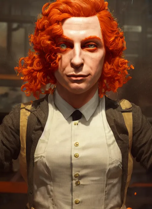 Image similar to biohazard portrait of curly orange hair man from bioshock, au naturel, hyper detailed, digital art, trending in artstation, cinematic lighting, studio quality, smooth render, unreal engine 5 rendered, octane rendered, art style by klimt and nixeu and ian sprigger and wlop and krenz cushart.