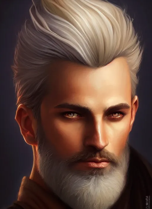 Image similar to a _ fantasy _ style _ portrait _ painting _ of wizard male, medium dark blonde pulled back side part and blonde stubble, brown eyes, rpg dnd oil _ painting _ unreal _ 5 _ daz. _ rpg _ portrait _ extremely _ detailed _ artgerm _ greg _ rutkowski _ greg