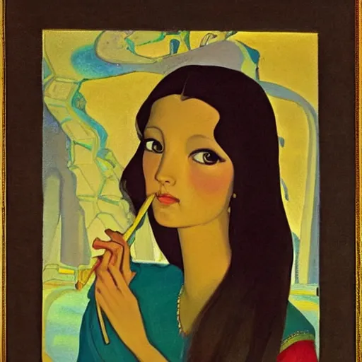 Prompt: a gorgeous vintage painting of a portrait of a small petite queen with dark hair by nicholas roerich by gustave moreau, by eyvind earle by bruce pennington by georgia o keeffe, blood, skin reflective metallic