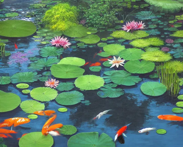 Prompt: koi pond, lotus flowers, dark blue water, green lily pads, goldfish, a fantasy painting by makoto shinkai and James Gurney, trending on artstation