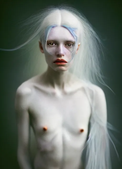 Prompt: cinestill 5 0 d photo portrait of a beautiful metamorphs with woman face, body in weird marble, white hair floating in air, in style of tim walker by roberto ferri, 1 5 0 mm lens, f 1. 2, ethereal, emotionally evoking, head in focus, bokeh volumetric lighting, tonal colors outdoor