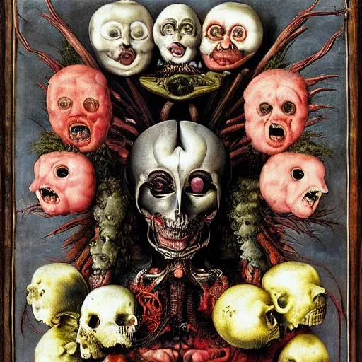 Image similar to post - album cover, asymmetrical design, off white frame around, new age, apocalypse, psychedelic, black white pink, magic, giger h. r., giuseppe arcimboldo