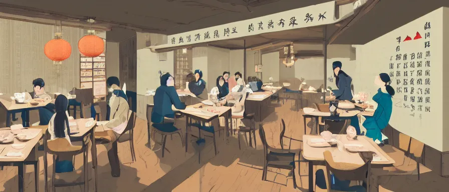 Prompt: a beautiful interior view illustration of a small roasted string hotpot restaurant in yan'an city, in the wall corner, chinese mountain architecture, restaurant wall paper is tower and mountain, rectangle white porcelain table, people are eating, black chair, animation illustrative style, from china, simple style structure decoration design, victo ngai, james jean, 4 k hd