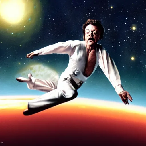 Prompt: concept art of tim curry floating in space, ultra high detail, photorealistic, 8 k