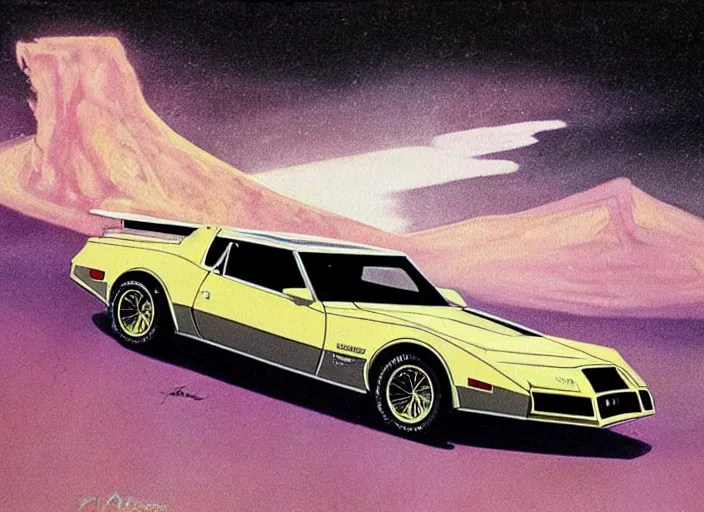 Prompt: kitt 1 9 8 2 pontiac trans am. style star wars, retro, retro futurist. painting by jack gaughan, raplh mcquarrie