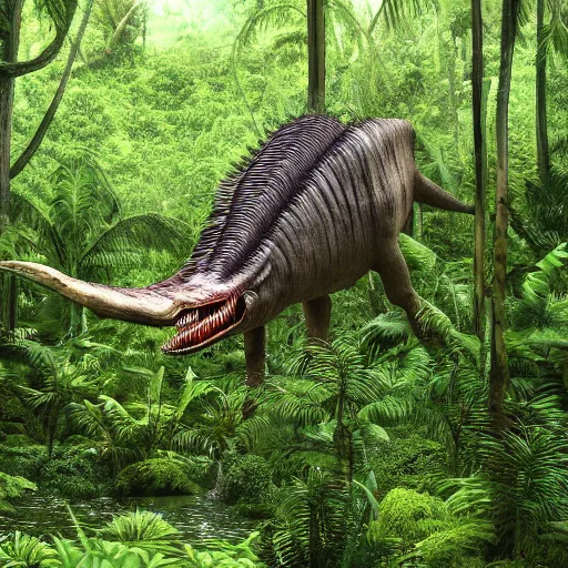 Prompt: giant spinosaurus walking through a tropical forest