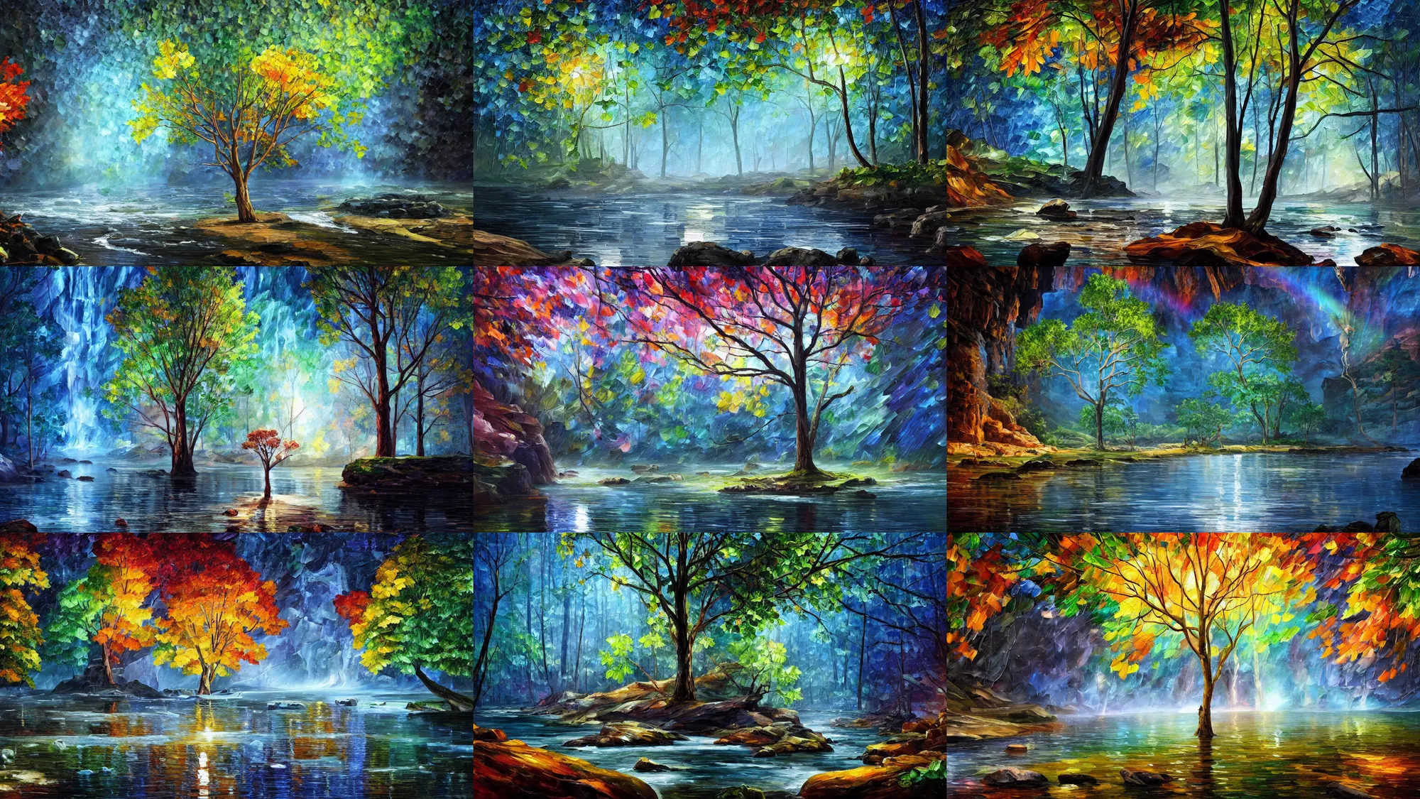 Prompt: A beautiful, highly detailed, very realistic oil painting of a single tree with rainbow leaves, next to a small river, glowing bright blue in the middle of a huge, very dark cave, with lots of dark grey rocks, oil painting by Afremov and Greg Rutkowski.