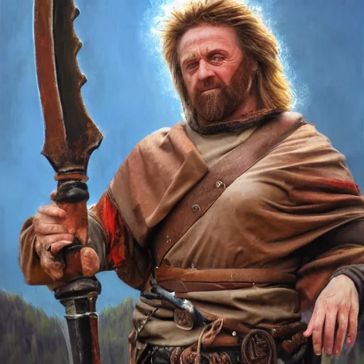 Image similar to Detailed hyper-realistic oil painting of William Wallace holding a Scottish claymore sword with one foot on a rock, 4K