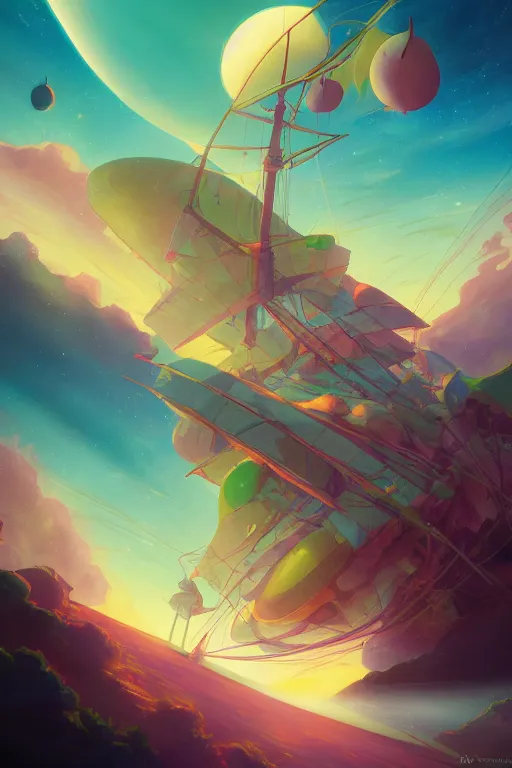 Image similar to spelljammer flying through phlogiston, 4 k digital paint by studio ghibli hayao miyazaki. vivid colours, vaporwave lighting style, very sharp and detailed. trending on artstation and behance.