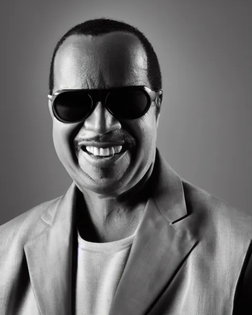 Prompt: Fully-clothed full-body portrait of Stevie Wonder, XF IQ4, 50mm, F1.4, studio lighting, black background, professional, 8K