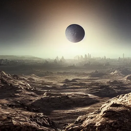 Prompt: sci-fi landscape realistic moonscape with city in distance, craters and harsh sunlight HD widescreen