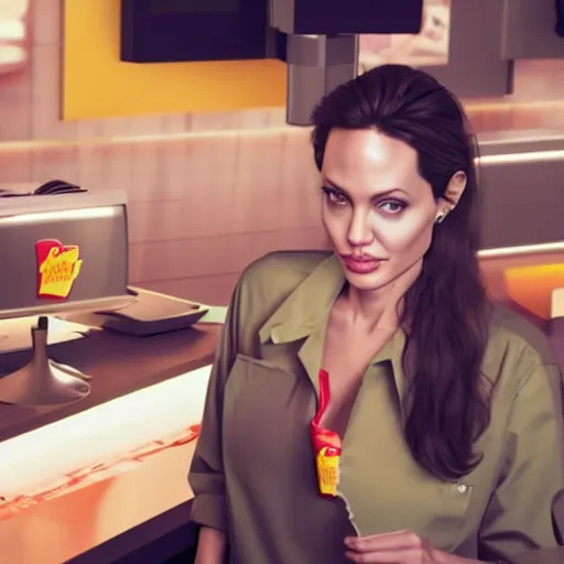 Image similar to Angelina Jolie working as a McDonalds cashier, macro, wide shot, dramatic, octane render, hyperrealistic, HD