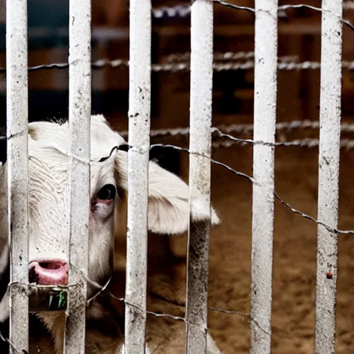 Prompt: chained calf inside a cage looking a bottle of milk