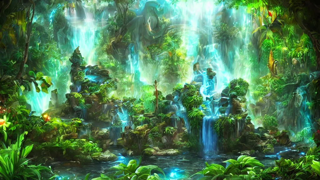 Prompt: immortality fountain, in the jungle. bloom, blue green lighting. fantasy, digital painting, hd, detailed.