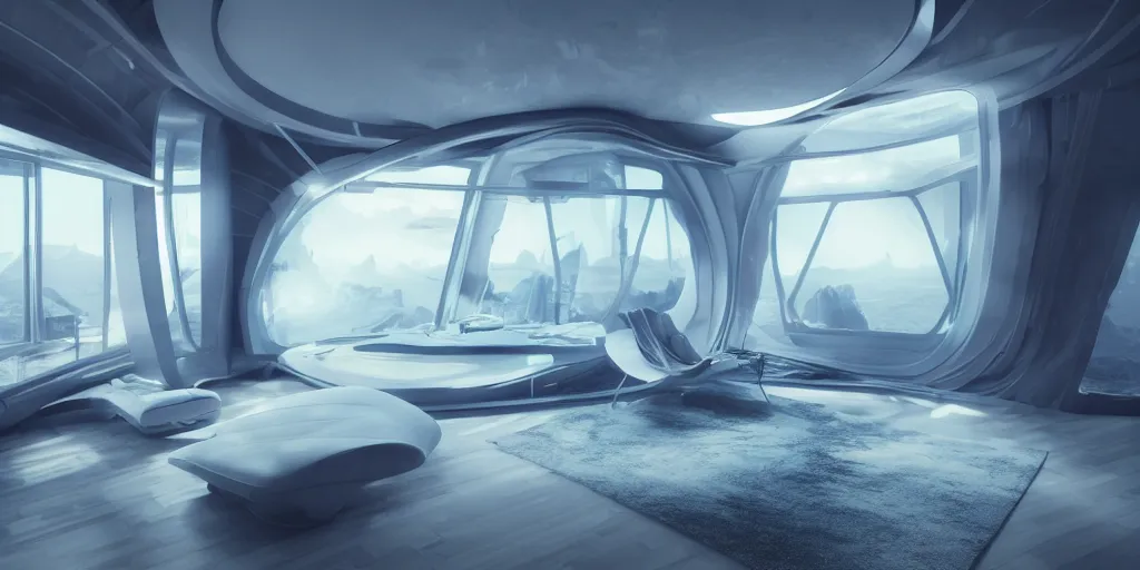 Prompt: a futuristic bed in the foreground of a futuristic minimalistic room with a huge window overlooking an alien planet, photorealistic, cinematic, octane render by oblivion movie thom tenery