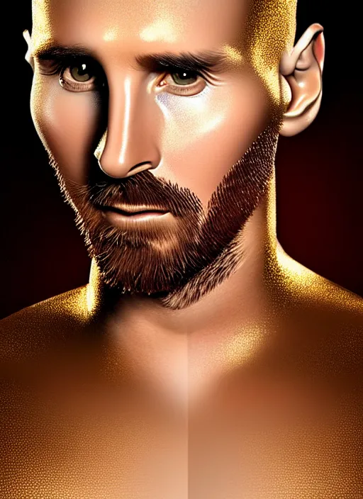 Prompt: a gorgeous lionel messi photo, professionally retouched, soft lighting, wearing shiny gold catsuit, illuminated by floating, glowing alien symbols, realistic, smooth face, perfect eyes, wide angle, sharp focus on eyes, 8 k high definition, insanely detailed, intricate, elegant, art by artgerm and wlop