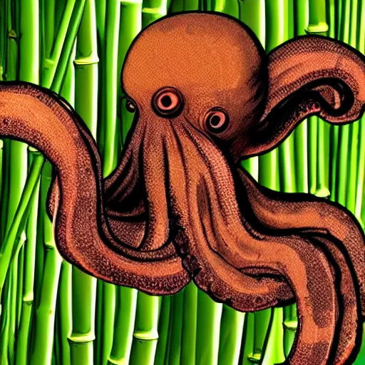 Image similar to an octopus wrapping his tentacles around a lucky bamboo plant black background