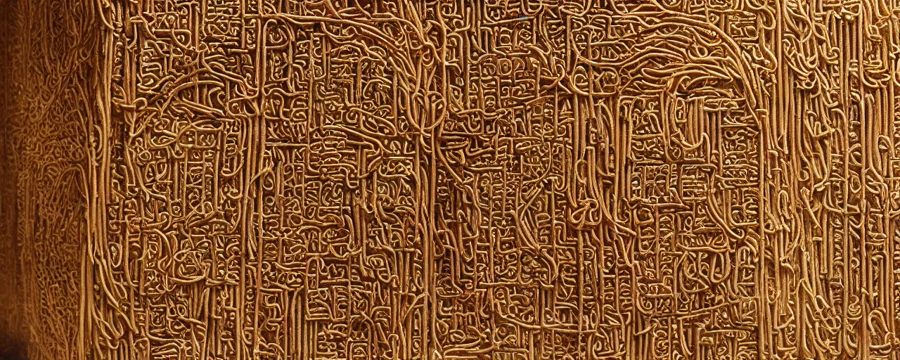 Image similar to ancient babylonian texts as spaghetti, small details, intricate, sharply focused, minimal canon 5 0 mm, wes anderson film, kodachrome