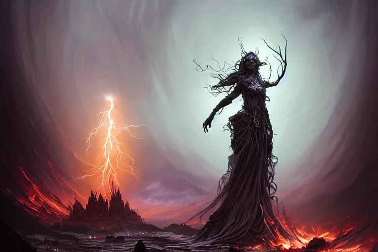 Image similar to Beautiful Eldritch Goddess of Lightning Attacking a Riverside Town, digital art, fantasy, magic, trending on artstation, illustration by Seb McKinnon and Peter Mohrbacher, ultra detailed, atmospheric, powerful presence, bossfight, darksouls, grand finale, explosive entrance, final battle, cutscene, cinematic lighting, unleashing the power of the flame, burning pulse, close-up