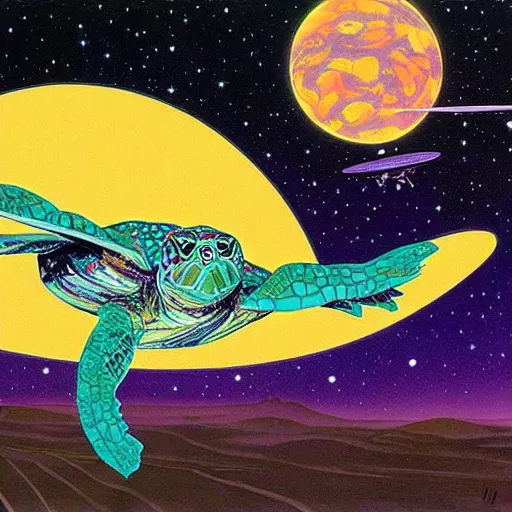 Image similar to galaxies!! turtle hovering below planet earth, gerald brom and andy warhol