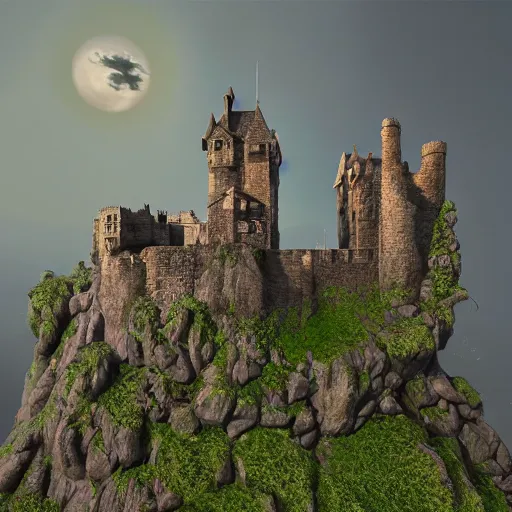 Prompt: a photorealistic painting of an old stone Castle in the sky, Zbrush, a detailed painting by Ansel Adams, vampire bats, lake, Luminescent, Bismuth, Daz 3D, behance contest winner, fantasy art, matte painting, matte drawing, storybook illustration