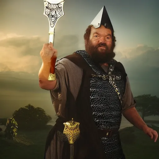 Prompt: bud spencer as king arthur, with crown and chainmail, camelot in the background, studio lightning, volumetric lightning, composition, full body