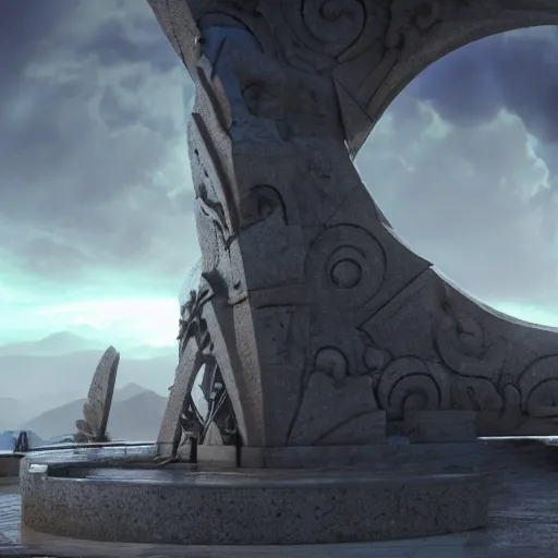 Image similar to stargate made of stone that form a circle, cinematic view, epic sky, 8K, octane render, unreal engine, dramatic lighting, cinematic, establishing shot, extremely high detail, foto realistic, cinematic lighting, post processed, concept art, high details, cinematic, 8k resolution, beautiful detailed, photorealistic, digital painting, artstation, concept art, smooth, sharp focus, artstation trending, octane render, unreal engine