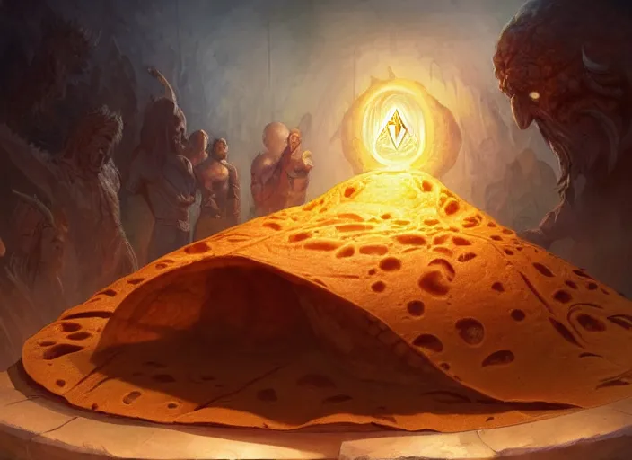 Prompt: a giant flour tortilla wrap with a group of human travelers trapped inside, by marco bucci and frank frazetta, style of magic the gathering, high resolution, fantasy coloring, intricate, digital painting, artstation, smooth, sharp focus