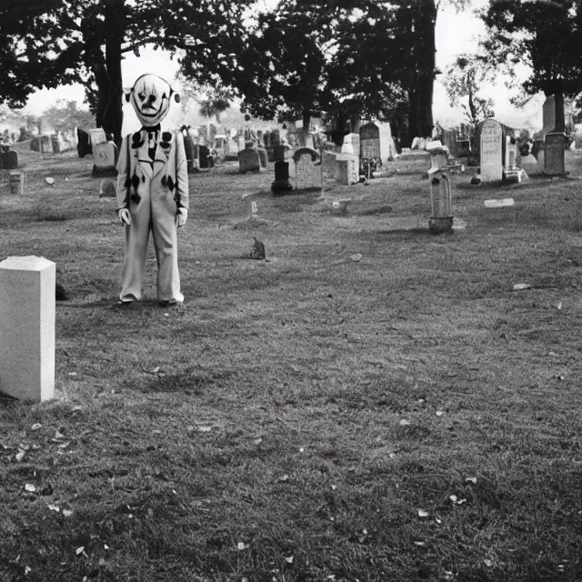 Prompt: creepy clown in a cemetary, photo by william eggelston