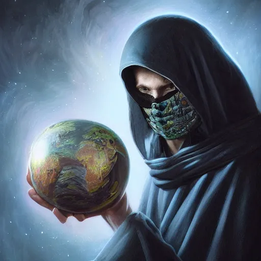 Image similar to masked nomad male wearing a cloak on an alien world and holding a holographic planet projection in his hand, detailed, sci - fi, digital painting, artstation, sharp focus, illustration, ominous, artgerm, tomasz alen kopera, peter mohrbacher, donato giancola, joseph christian leyendecker, wlop, frank frazetta