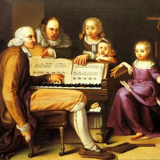 Image similar to baroque painting of johann sebastian bach playing the piano with his family in heaven