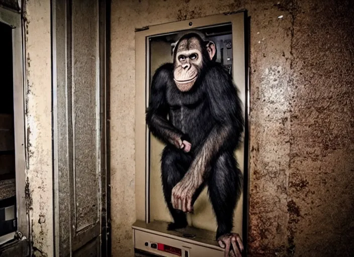 Image similar to scary half human half ape inside fuse box in post communist apartment building