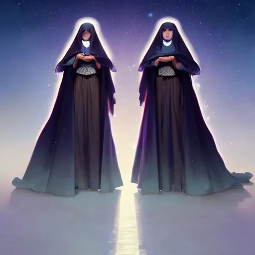 Image similar to two beautiful identical nuns under night sky, intricate, elegant, highly detailed, digital painting, artstation, concept art, smooth, sharp focus, illustration, art by artgerm and greg rutkowski and alphonse mucha