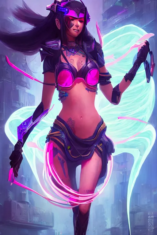 Image similar to irelia from league of legends, cyberpunk futuristic neon. kunai's flying around her, decorated with traditional japanese ornaments by ismail inceoglu dragan bibin hans thoma greg rutkowski alexandros pyromallis nekro rene maritte illustrated, perfect face, fine details, realistic shaded, fine - face, pretty face, masterpiece