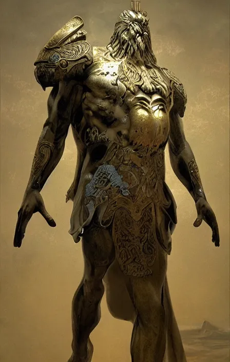 Image similar to zeus god concept, wearing thunder armor, ancient greek ornamented armor, beksinski, weta workshop concept art