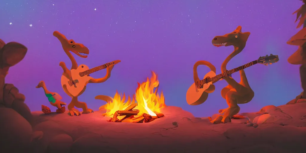 Image similar to A dinosaur playing the guitar beside a campfire, claymation, peaceful, pastel, sharp, Trending on ArtStation, Photorealistic, 8k, Detailed