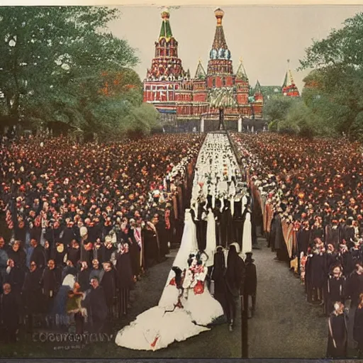 Prompt: a wide full shot, colored russian and japanese mix historical fantasy of a photograph taken of a royal wedding processional ceremony, photographic realistic, warm lighting, 1 9 0 7 photo from the official wedding photographer for the royal wedding.