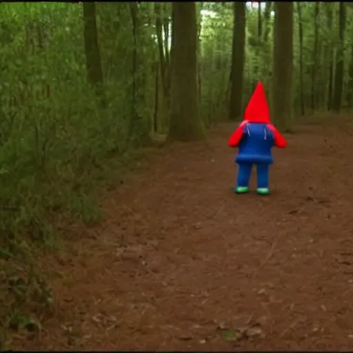 Prompt: bad quality screenshot of a leaked video of a small person dressed as gnome looking at me at a forest trail, photo taken from far away, night time, bright camera flash, camera shaking, disturbing, very scary, realistic, very disturbing, help me please im disturbed, ultrarealistic, 480p, scary