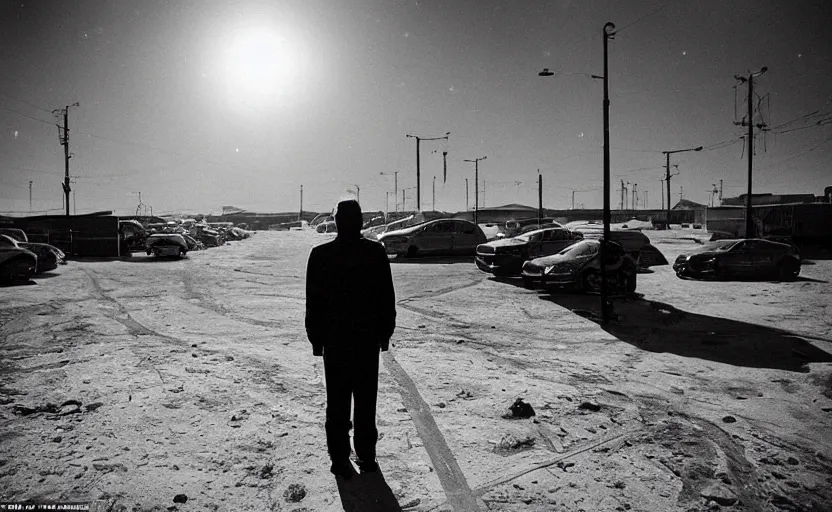 Image similar to On a parking lot in a futuristic space city of Neo Norilsk on the Moon, a Mysterious man is standing in the middle of a street photo by Trent Parke, the sun is blinding, a Russian city on the Moon