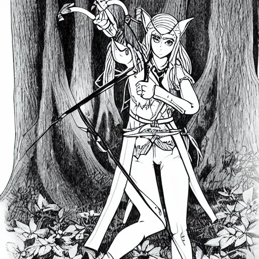 Prompt: female elven archer in forest, manga line art style, black and white art, by Eiichiro Oda